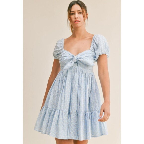Mable Size Medium Smocked Tie Bow Doll Front Blue Floral Mini Dress A-Line Puff - Picture 1 of 8